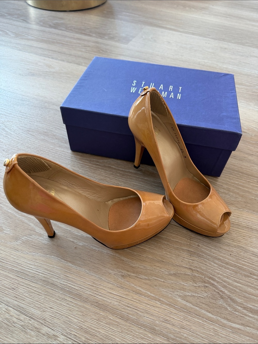 Stuart Weitzman Tan Patent Leather Peep-Toe Pumps